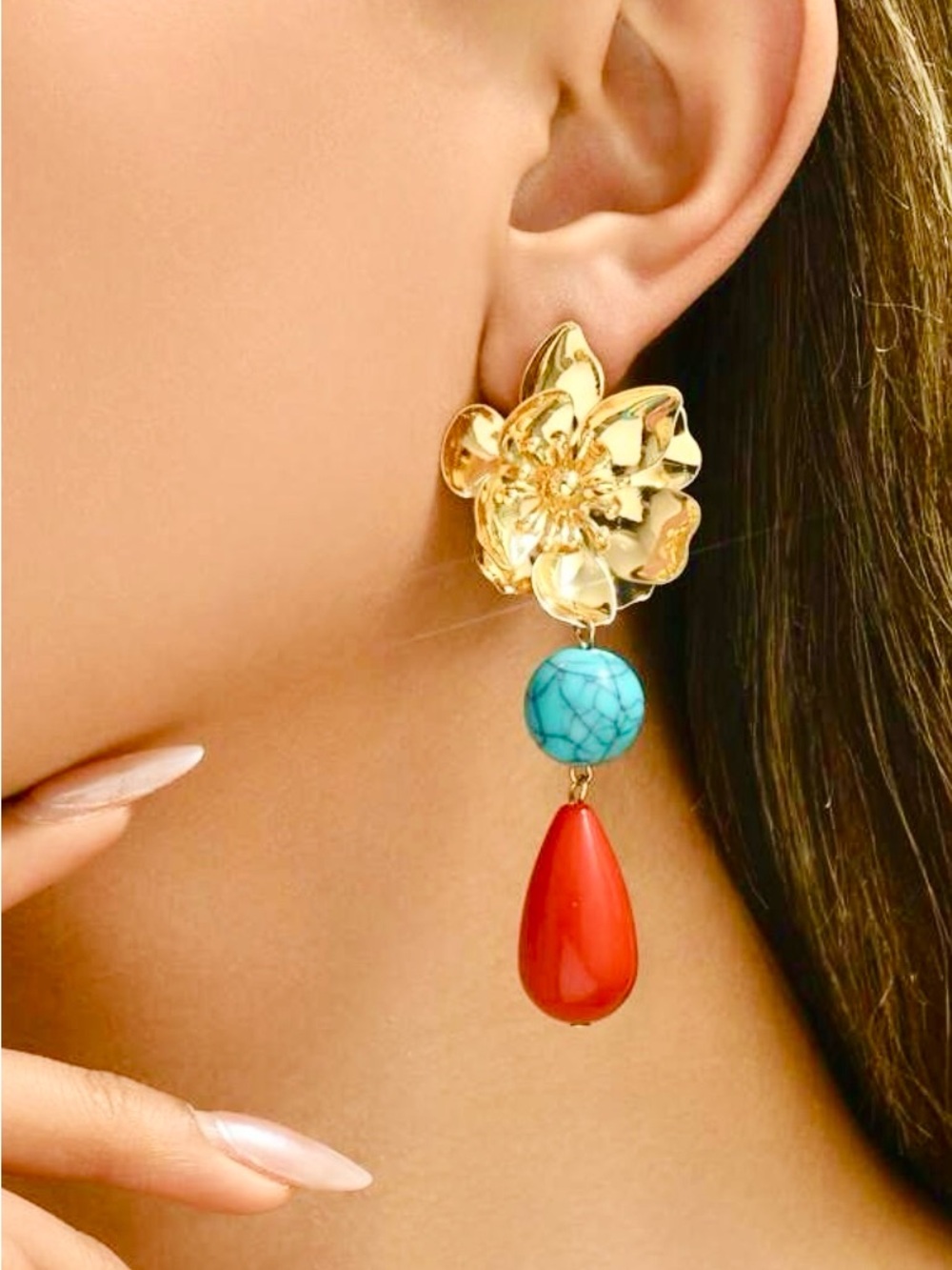 Floral Drop Earrings |Retro Gold Flower Turquoise & Red Resin Statement Earrings - Picture 3 of 6